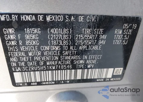 2019 Honda Hr-V Ex из США, поврежденный, VIN 3CZRU5H51KM718546